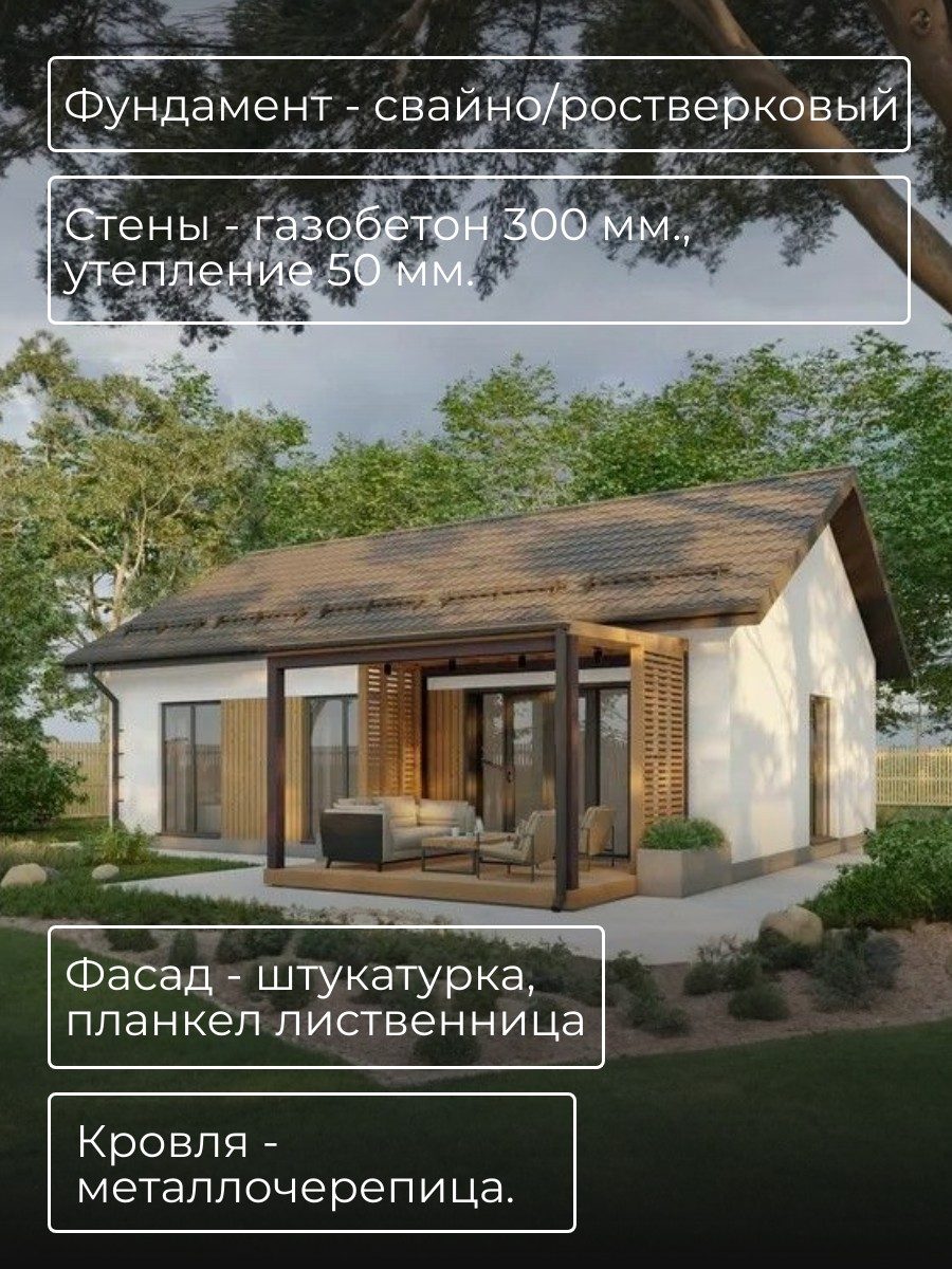 Проект дома 63 м2 / Газобетон / 1 этаж / — фото 5