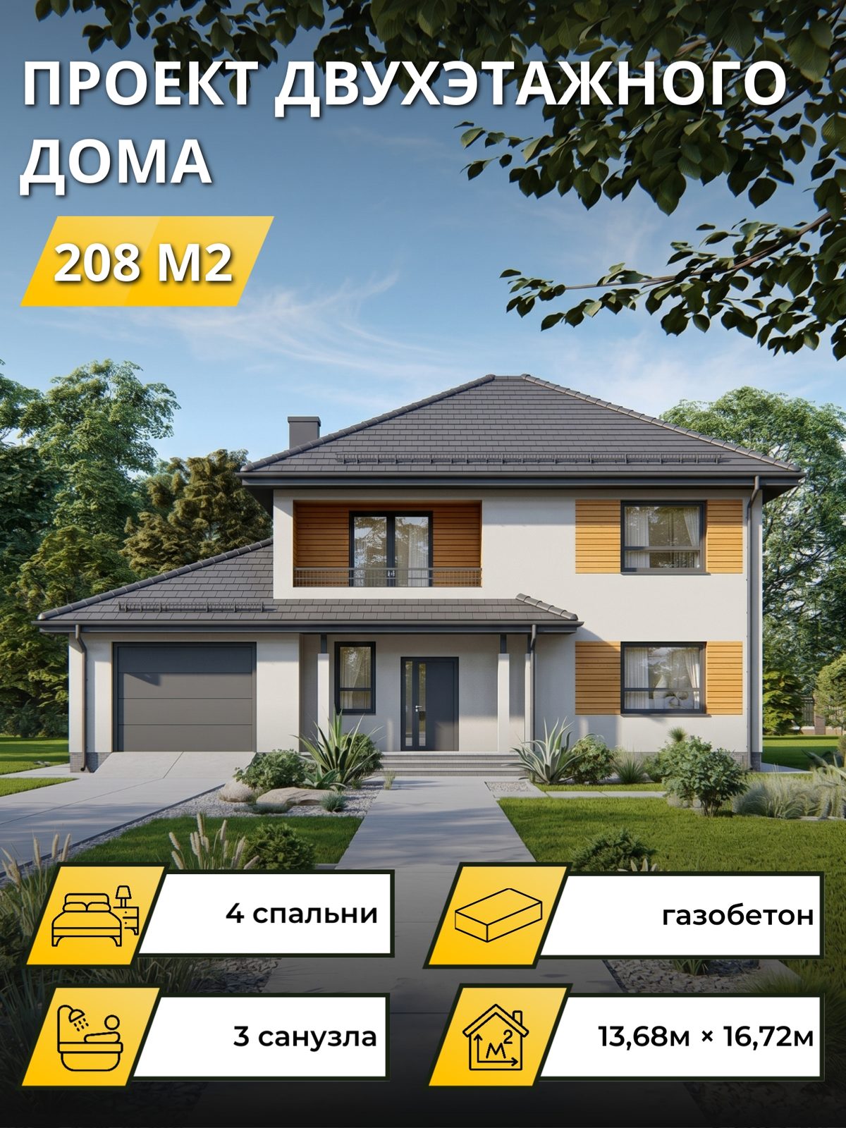Проект дома 208 м2 / Газобетон / 2 этажа / 10,20×16,10 м / OPGD102