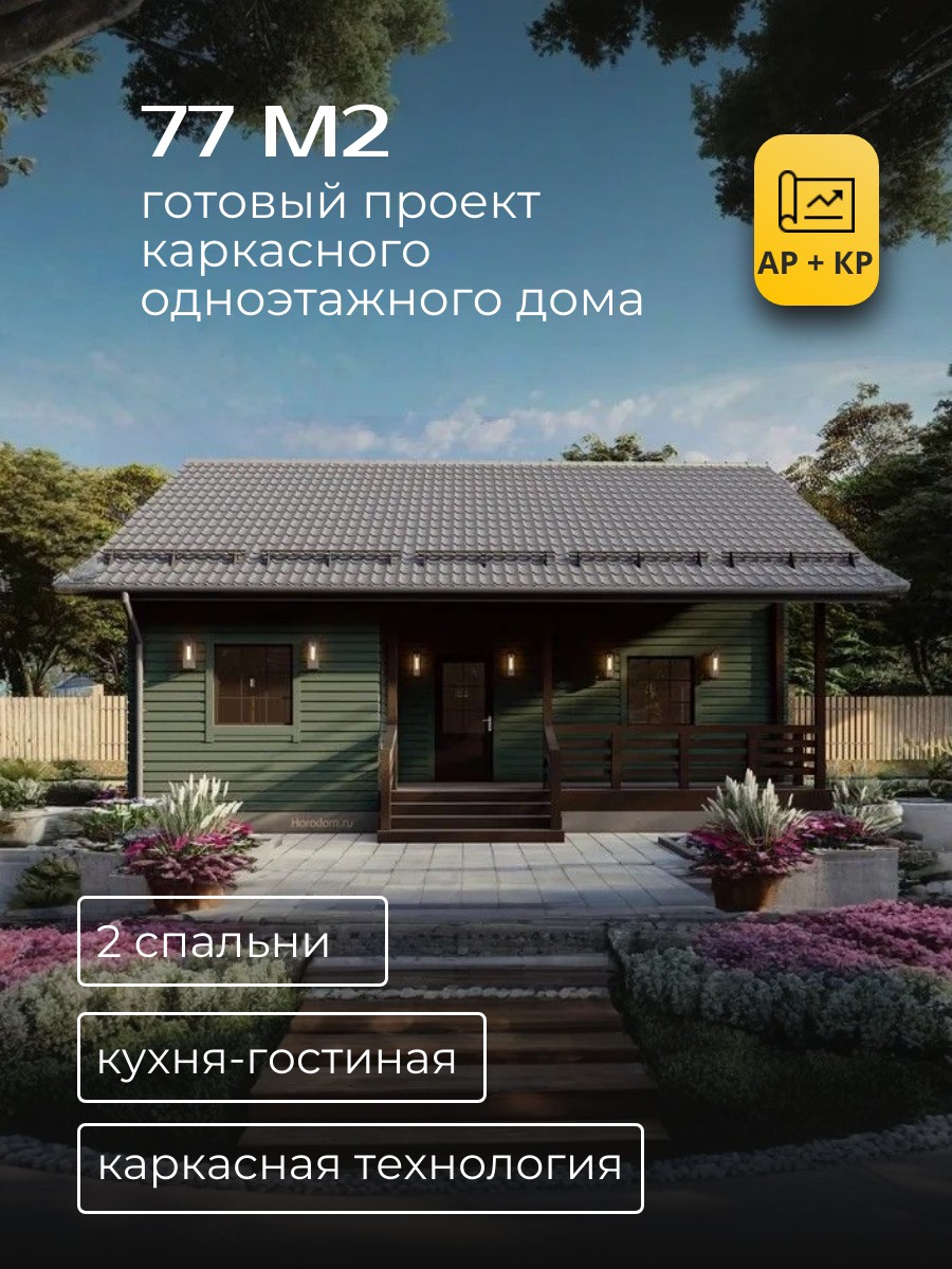 Проект дома 77 м2 / Каркасник / 1 этаж / — фото 1