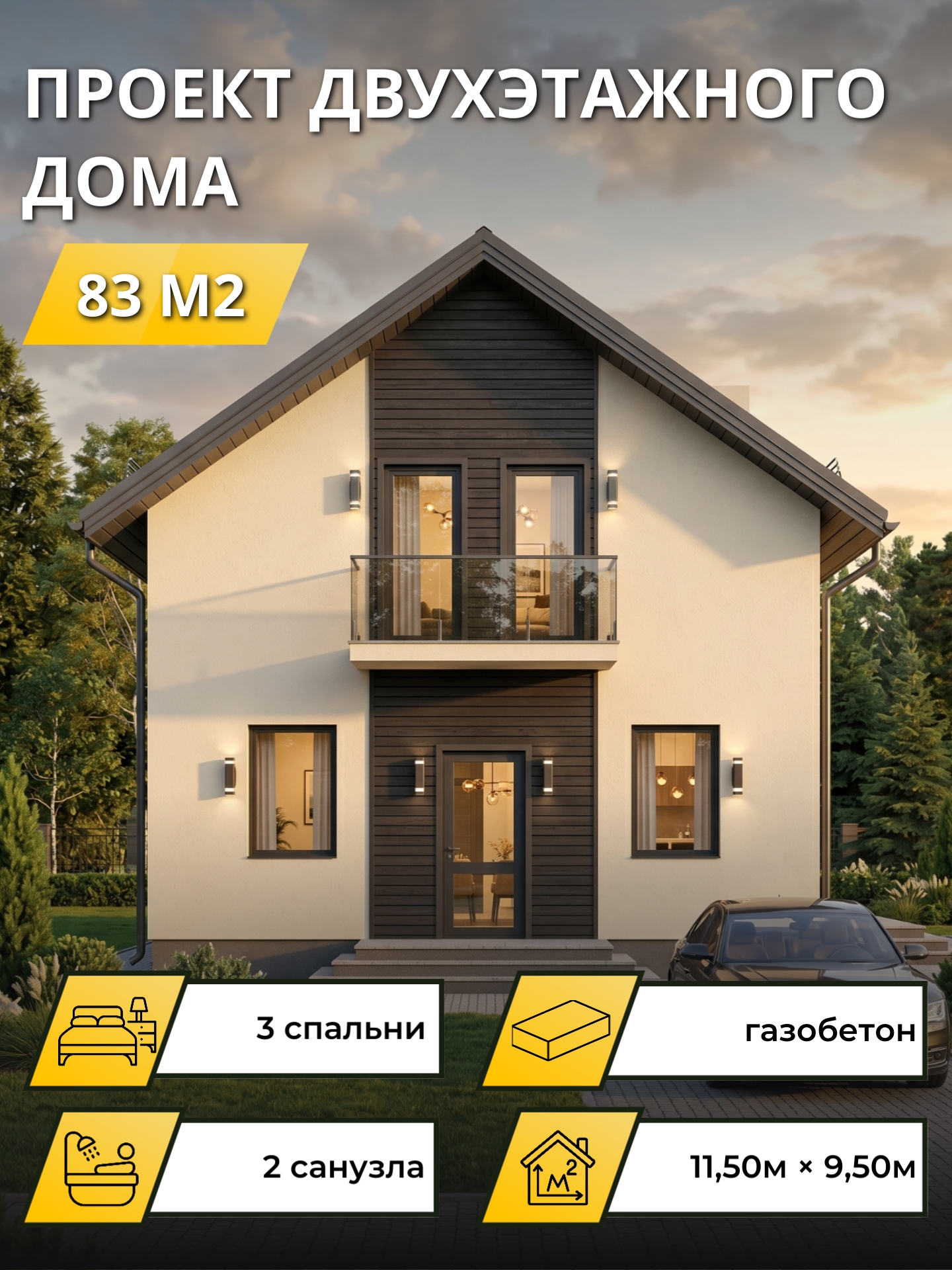 Проект дома 83 м2 / Газобетон / 2 этажа — фото 1